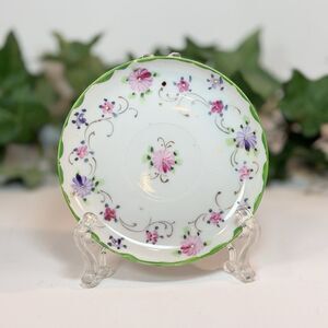 Porcelain Floral Trinket Dish Catchall Saucer Pink Green Hand Painted 4.25”